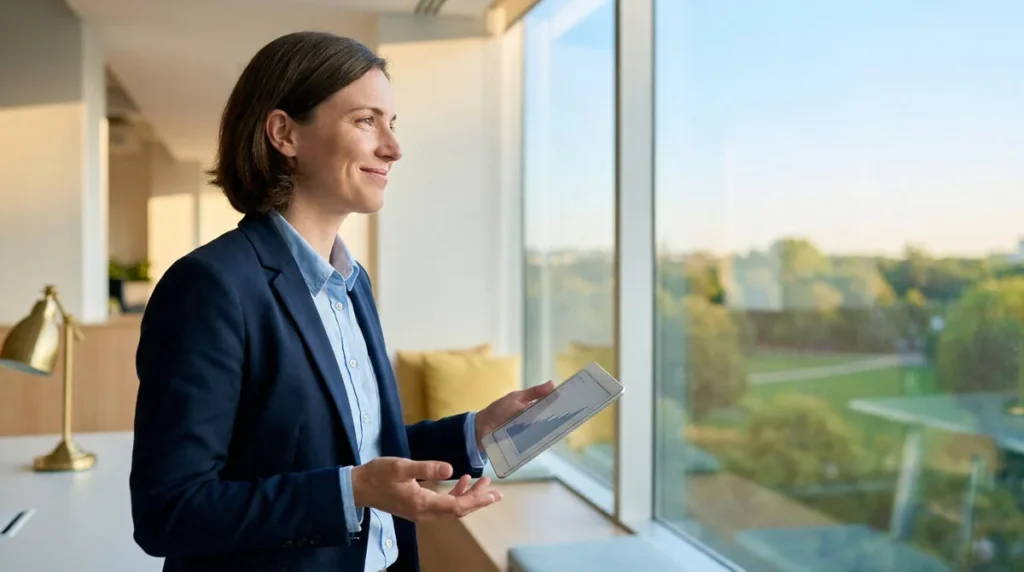 Femme d'affaires souriante en costume bleu, tenant une tablette avec un graphique financier, regarde à travers une fenêtre. Bureau lumineux.