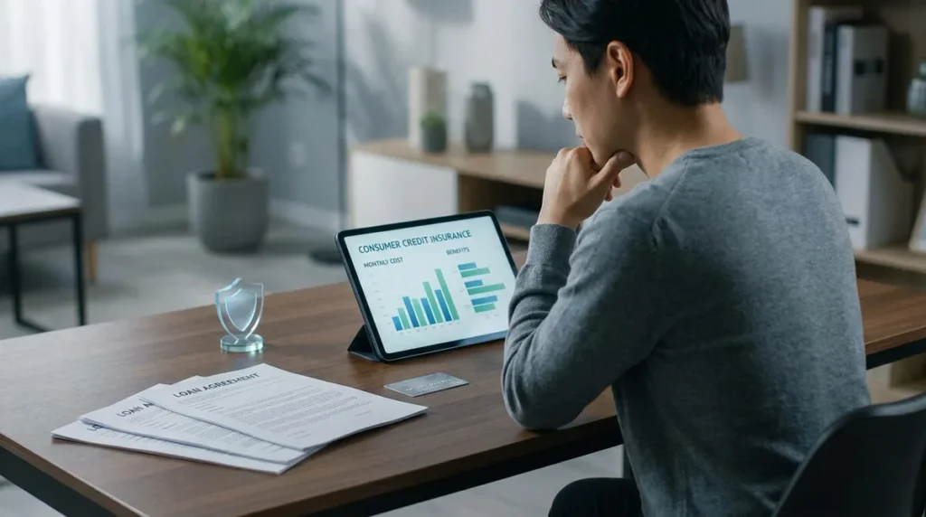 Un homme consulte les coûts et avantages de l'assurance crédit consommation sur sa tablette. Contrats de prêt sur le bureau.