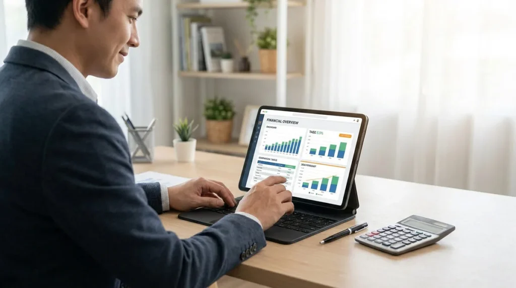 Homme analysant des graphiques financiers sur tablette pour optimiser un prêt personnel. Calculatrice et stylo sur un bureau clair.