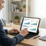 Homme analysant des graphiques financiers sur tablette pour optimiser un prêt personnel. Calculatrice et stylo sur un bureau clair.