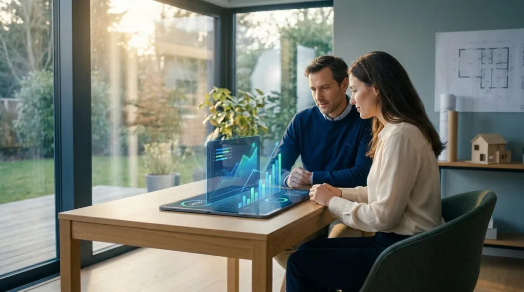 Couple analysant des graphiques financiers holographiques sur tablette, simulant un rachat de crédit dans un intérieur lumineux.