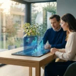 Couple analysant des graphiques financiers holographiques sur tablette, simulant un rachat de crédit dans un intérieur lumineux.