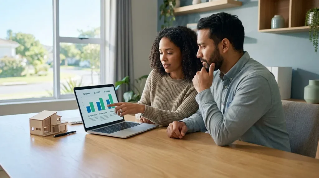 Un couple examine des graphiques de crédit immobilier sur un ordinateur portable, avec une maquette de maison à côté.