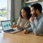 Un couple examine des graphiques de crédit immobilier sur un ordinateur portable, avec une maquette de maison à côté.