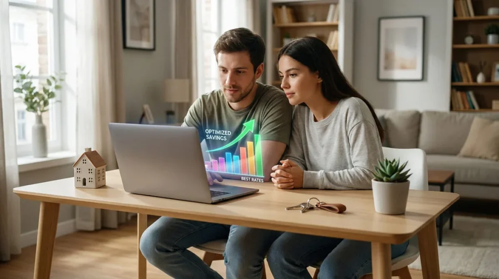 Couple devant un ordinateur portable affichant un graphique de taux et économies. Une maison miniature et des clés sont sur la table.