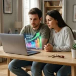 Couple devant un ordinateur portable affichant un graphique de taux et économies. Une maison miniature et des clés sont sur la table.