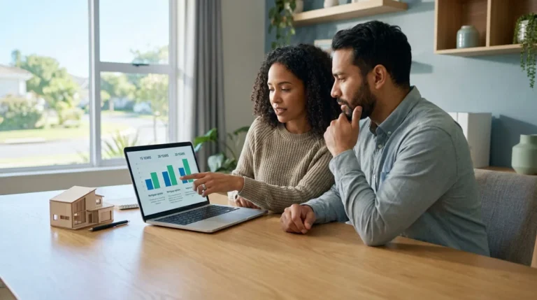 Un couple examine des graphiques de crédit immobilier sur un ordinateur portable, avec une maquette de maison à côté.