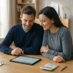 Un couple souriant regarde un graphique de capacité d'emprunt sur une tablette. Une maison miniature, des clés et une calculatrice sont sur la table.