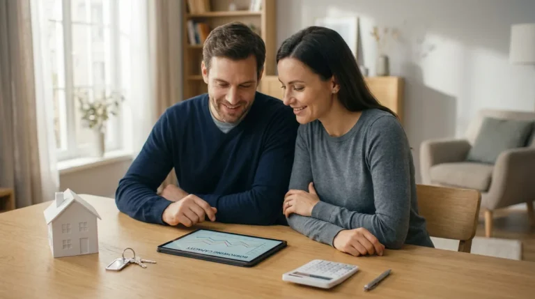 Un couple souriant regarde un graphique de capacité d'emprunt sur une tablette. Une maison miniature, des clés et une calculatrice sont sur la table.