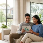 Un couple heureux examine une tablette affichant des graphiques de protection financière et d'immobilier, essentiel pour l'assurance emprunteur.