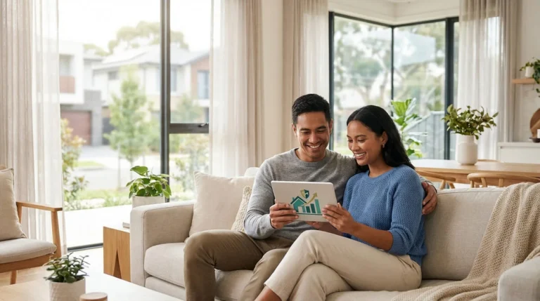 Un couple heureux examine une tablette affichant des graphiques de protection financière et d'immobilier, essentiel pour l'assurance emprunteur.
