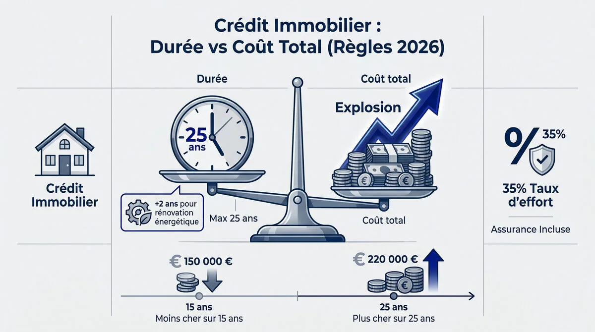 Graphique comparatif entre la durée du crédit immobilier et l'augmentation du coût total des intérêts