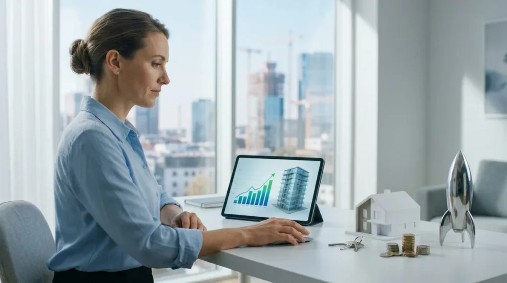 Femme analysant des investissements immobiliers sur tablette, avec graphiques de croissance et maquette de maison.
