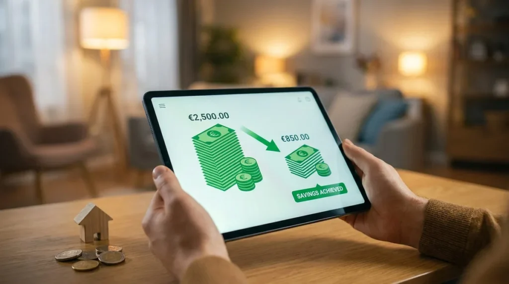 Mains tenant une tablette affichant des économies de 2500€ à 850€, avec une maison miniature et des pièces en euros.