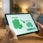 Mains tenant une tablette affichant des économies de 2500€ à 850€, avec une maison miniature et des pièces en euros.