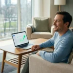 Un homme souriant regarde un écran d'ordinateur portable affichant un graphique de croissance et une coche verte, dans un salon lumineux.