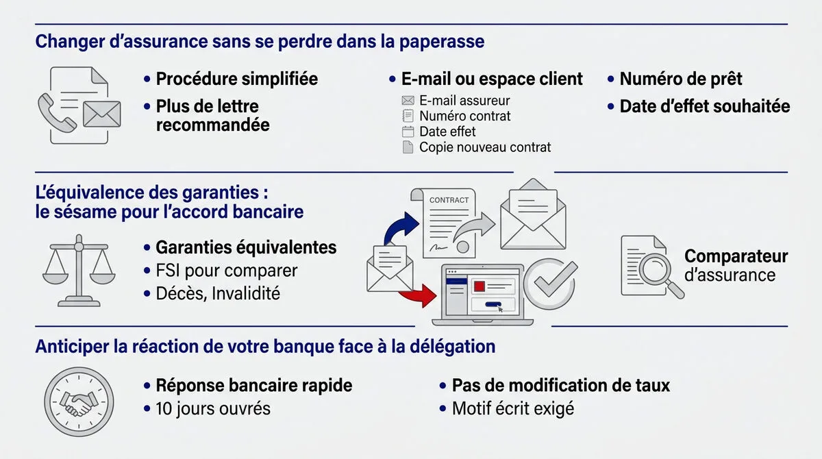 Infographie expliquant les étapes pour changer d'assurance emprunteur avec la loi Lemoine