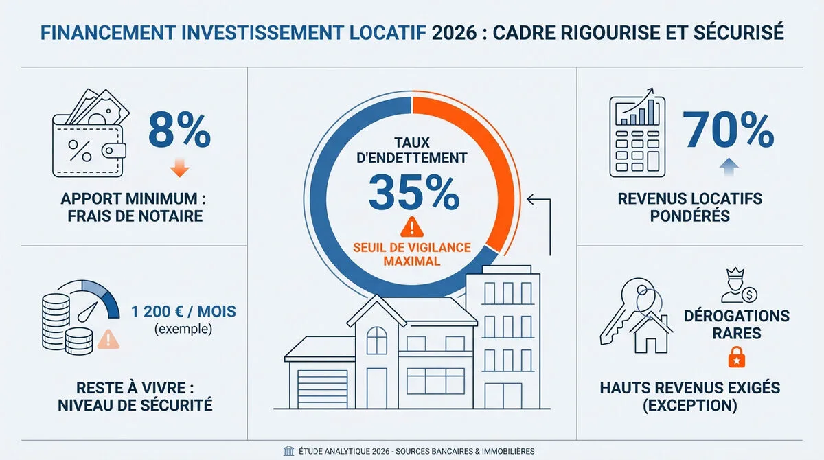 Infographie récapitulative des conditions de financement pour un investissement locatif en 2026