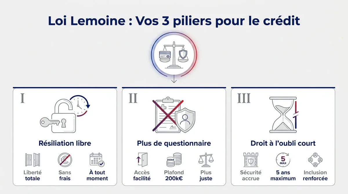 Infographie présentant les trois piliers de la Loi Lemoine pour l'assurance emprunteur