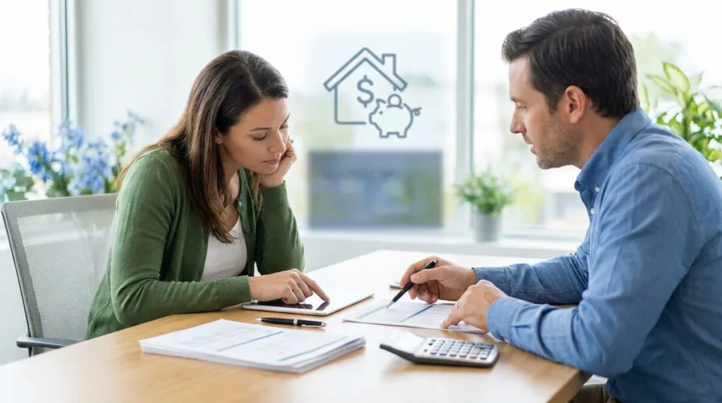 Une femme et un homme discutent de finances devant des documents et une tablette. En arrière-plan, icônes de maison, dollar et tirelire.