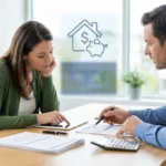 Une femme et un homme discutent de finances devant des documents et une tablette. En arrière-plan, icônes de maison, dollar et tirelire.