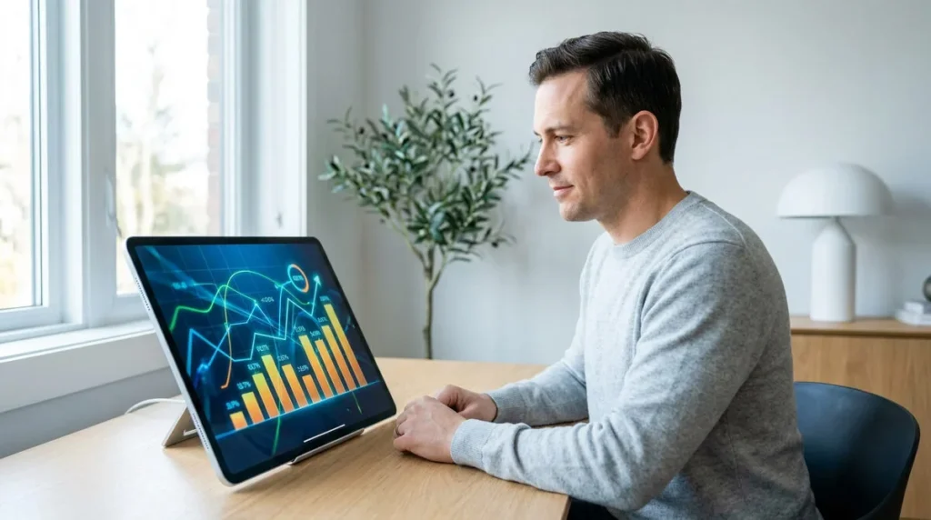Un homme analyse des graphiques financiers (courbes, histogrammes) sur une tablette posée sur un bureau, reflétant une prise de décision future.
