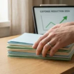 Mains sur des documents devant une tablette affichant un graphique de réduction des dépenses pour 2024.