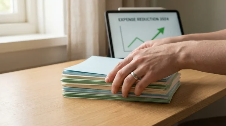 Mains sur des documents devant une tablette affichant un graphique de réduction des dépenses pour 2024.