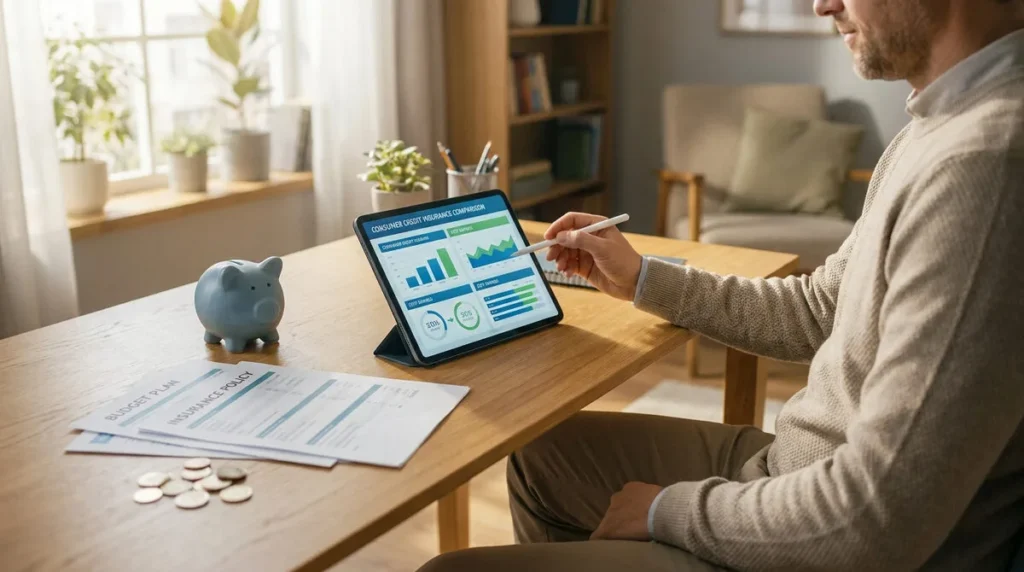 Un homme analyse des graphiques d'assurance crédit consommation sur une tablette, avec une tirelire, des pièces et des documents financiers sur son bureau.