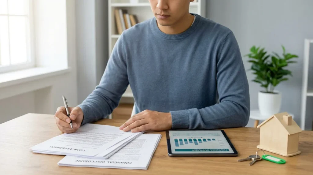 Un homme signe des documents pour un achat immobilier, avec une tablette et une maquette de maison sur le bureau.