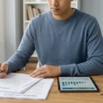Un homme signe des documents pour un achat immobilier, avec une tablette et une maquette de maison sur le bureau.