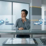 Homme pensive devant deux écrans transparents comparant Prêt personnel (billets) et Crédit conso (voiture, shopping).