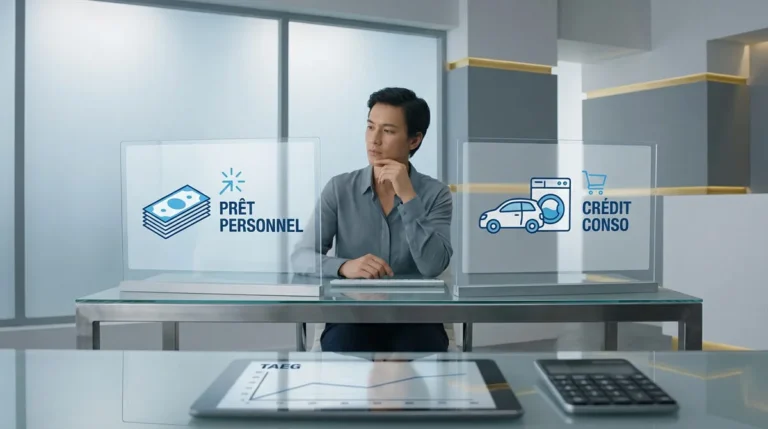 Homme pensive devant deux écrans transparents comparant Prêt personnel (billets) et Crédit conso (voiture, shopping).