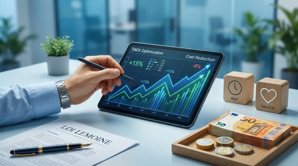 Main utilisant un stylet sur une tablette affichant des graphiques financiers, avec des blocs en bois et des billets.