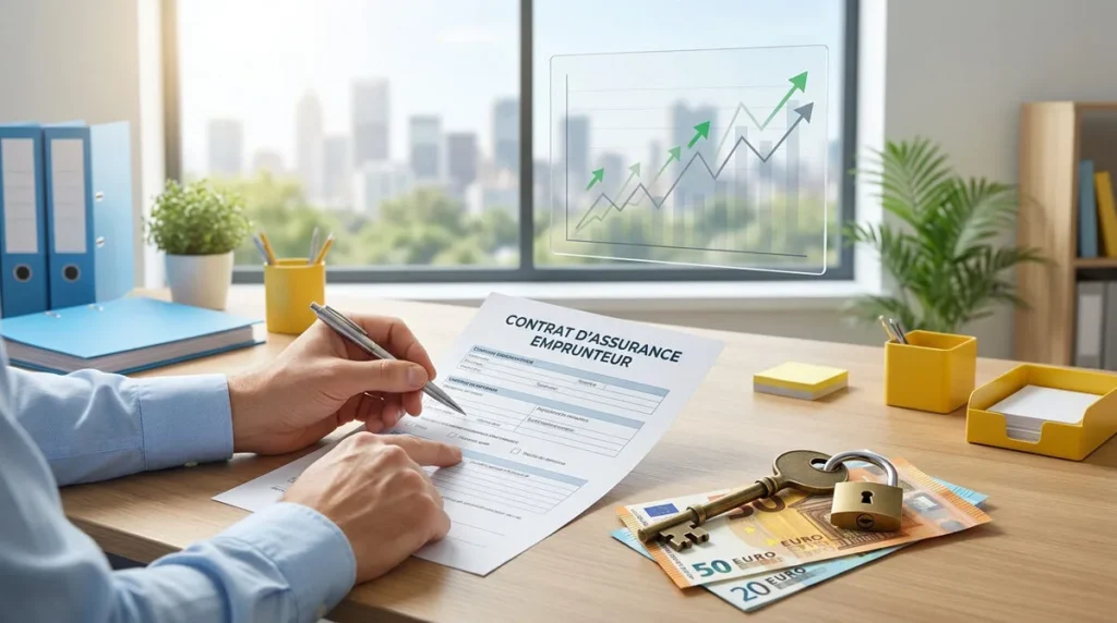 Mains signant un contrat d'assurance emprunteur. Bureau avec euros, clé et cadenas. Graphique de croissance symbolisant les économies.