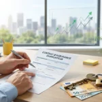 Mains signant un contrat d'assurance emprunteur. Bureau avec euros, clé et cadenas. Graphique de croissance symbolisant les économies.