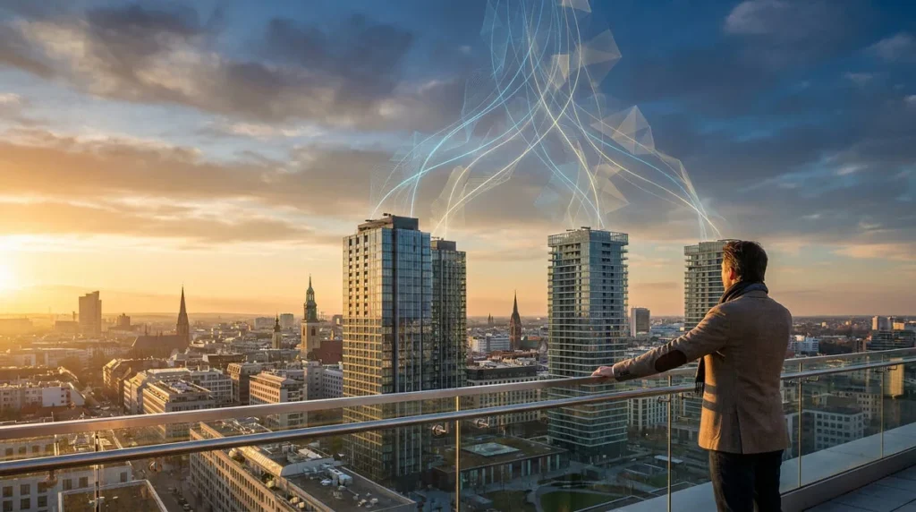 Un investisseur regarde des gratte-ciels modernes connectés par des faisceaux lumineux digitaux au coucher du soleil.