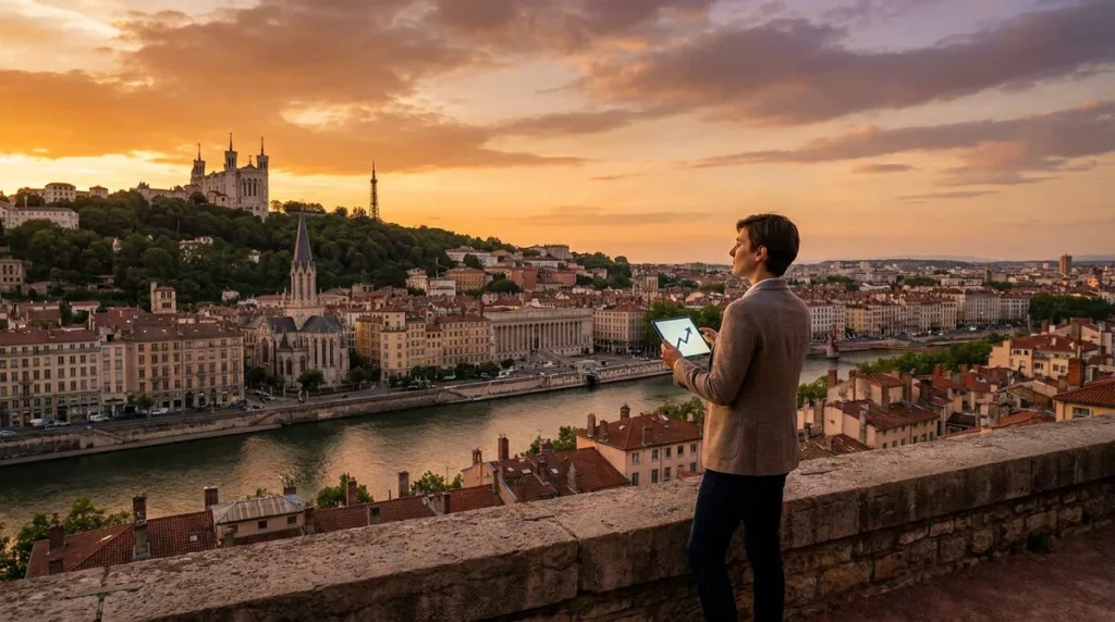 Un investisseur regarde la ville de Lyon au coucher du soleil avec une tablette affichant une courbe de croissance.