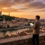 Un investisseur regarde la ville de Lyon au coucher du soleil avec une tablette affichant une courbe de croissance.
