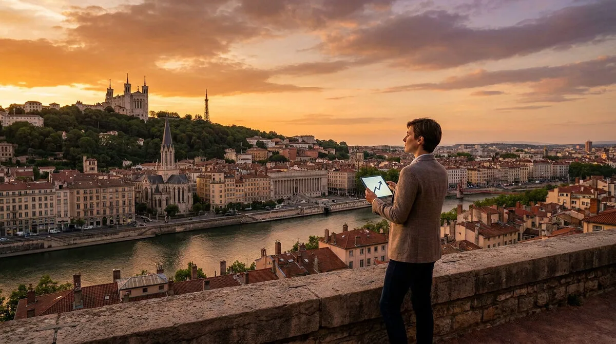 Un investisseur regarde la ville de Lyon au coucher du soleil avec une tablette affichant une courbe de croissance.