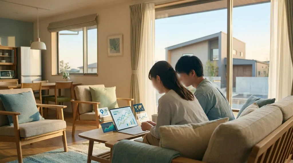 Un couple examine des graphiques financiers sur un ordinateur portable dans un salon lumineux, planifiant un projet immobilier.