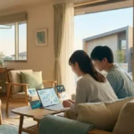 Un couple examine des graphiques financiers sur un ordinateur portable dans un salon lumineux, planifiant un projet immobilier.