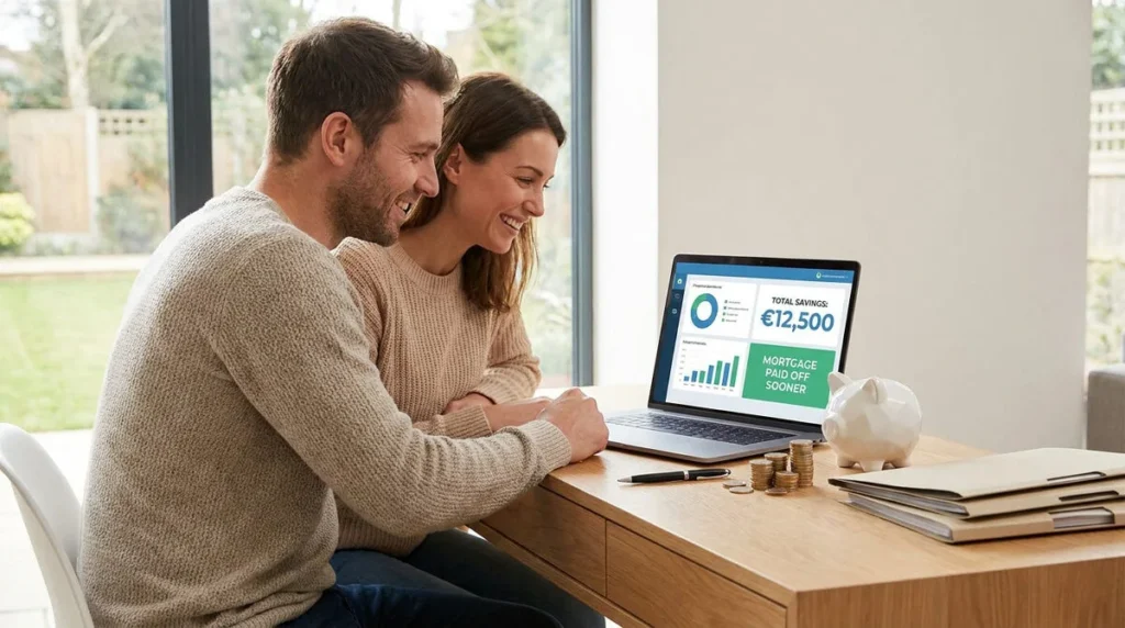 Couple souriant devant un écran d'ordinateur affichant 12 500 € d'économies et un prêt immobilier remboursé plus tôt, avec tirelire.