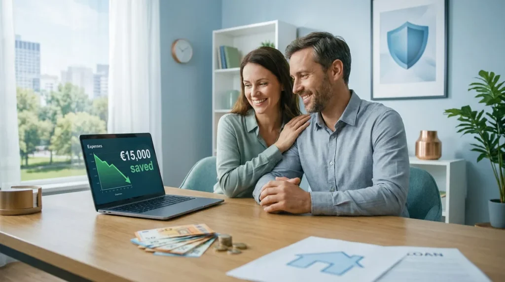 Un couple souriant regarde un ordinateur affichant 15 000 € d'économies, avec des billets de banque sur la table.