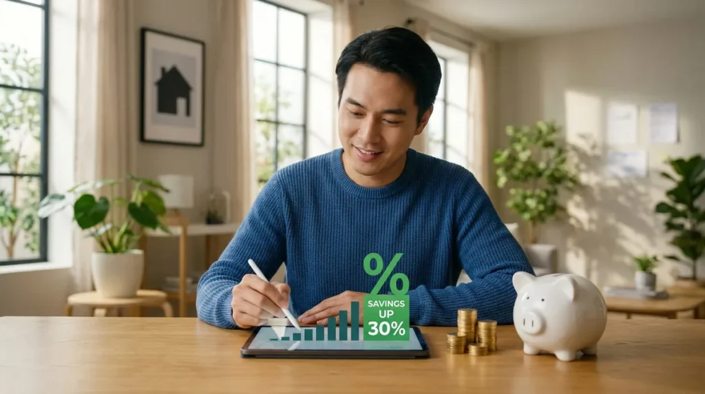 Homme souriant utilisant une tablette affichant un graphique "SAVINGS UP 30%". Pièces et tirelire sur la table.