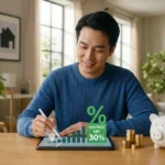 Homme souriant utilisant une tablette affichant un graphique "SAVINGS UP 30%". Pièces et tirelire sur la table.