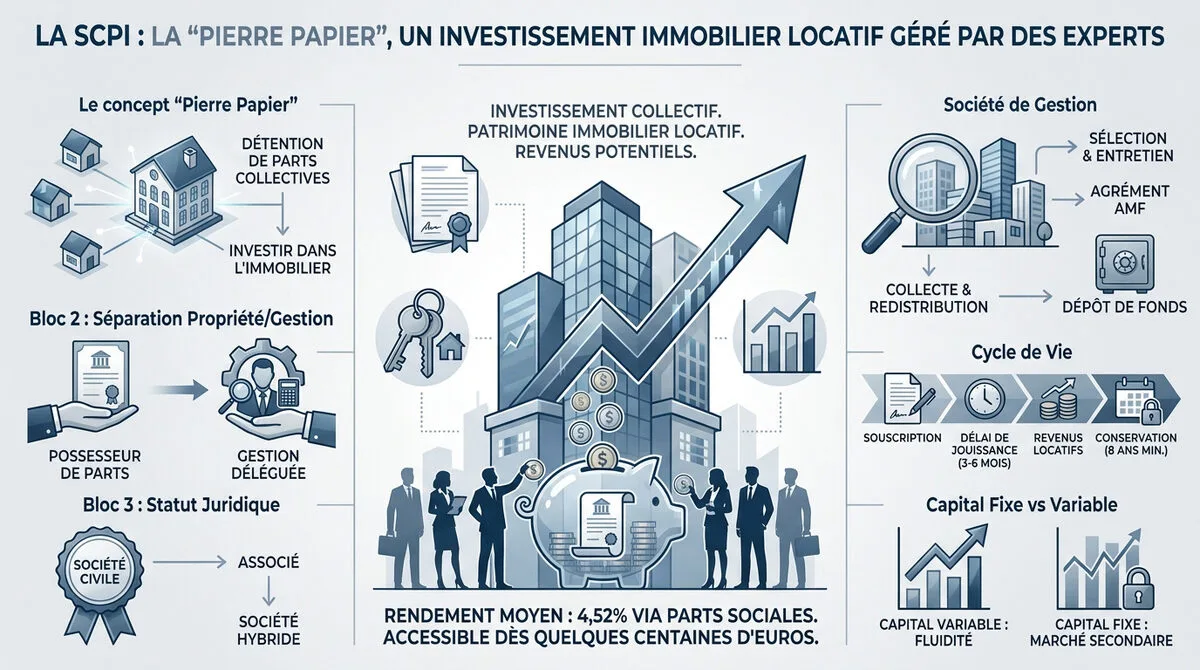 Infographie expliquant le fonctionnement de l'investissement en SCPI pierre papier