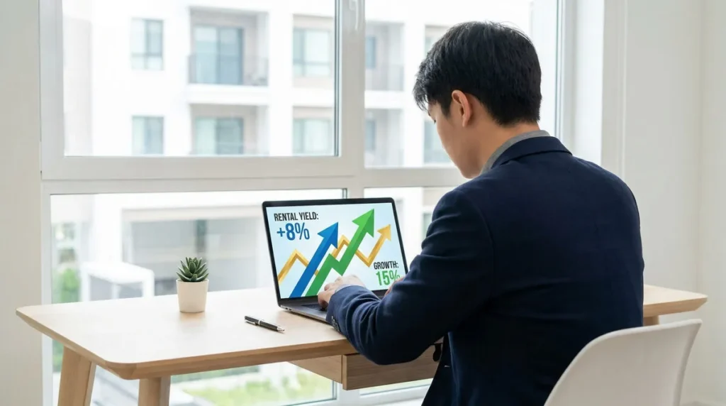 Un homme en costume consulte des graphiques de rendement locatif sur son ordinateur portable face à une fenêtre.