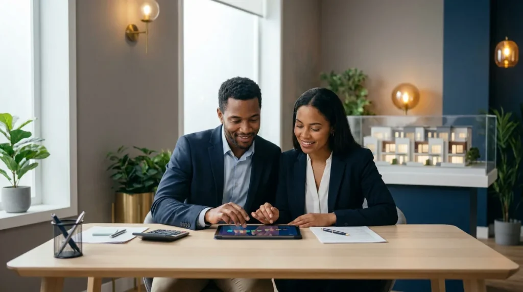 Couple souriant consulte une tablette pour un investissement locatif 2026. Une maquette d'immeubles est en arrière-plan.
