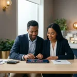 Couple souriant consulte une tablette pour un investissement locatif 2026. Une maquette d'immeubles est en arrière-plan.